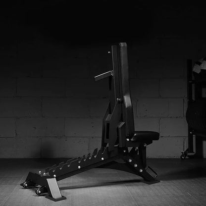 Black weight bench against a dark brick wall