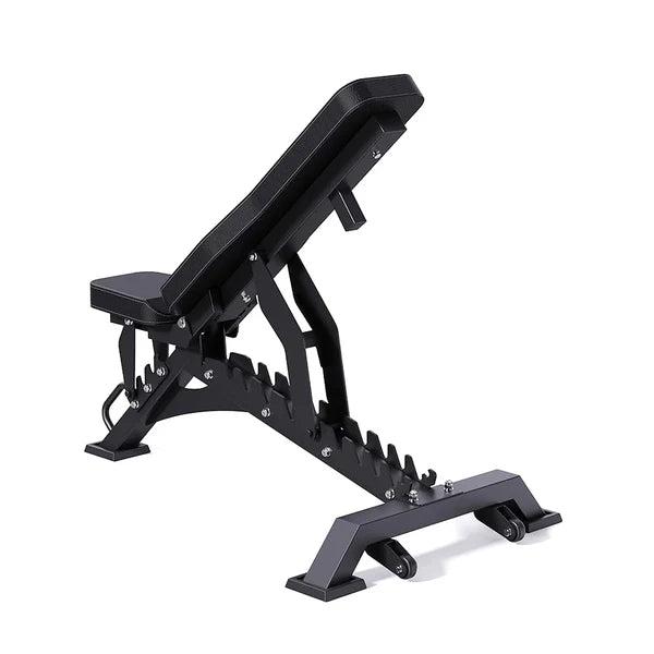 Black adjustable weight bench on a white background