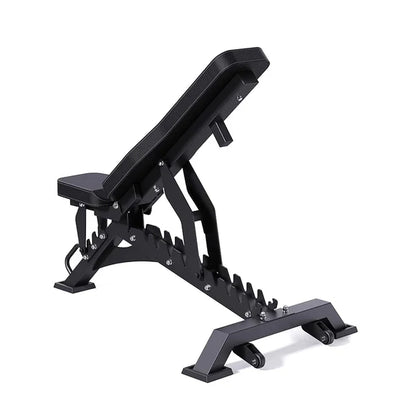 Black adjustable weight bench on a white background