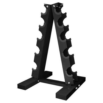 Black metal weight plate rack on a white background