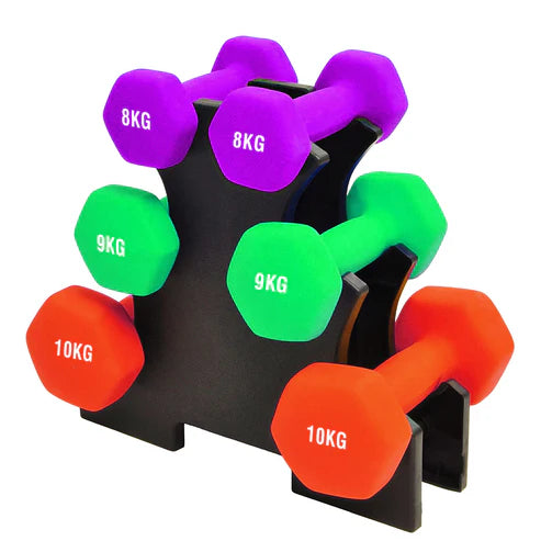 Set of colorful dumbbells with weight markings on a white background