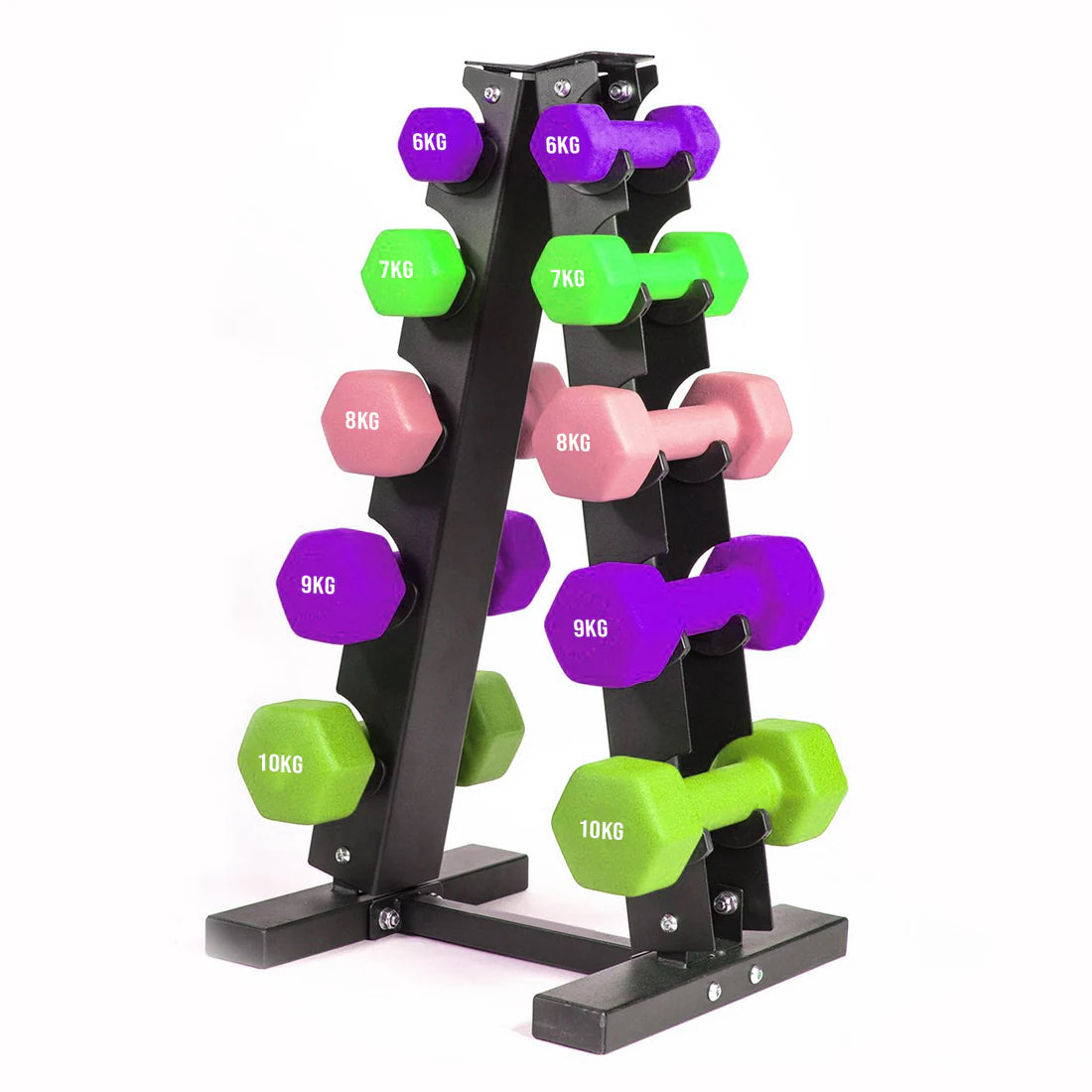 Dumbbell set with weights on a stand against a white background