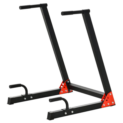 Black pull-up bar with red triangular weight plates on a white background