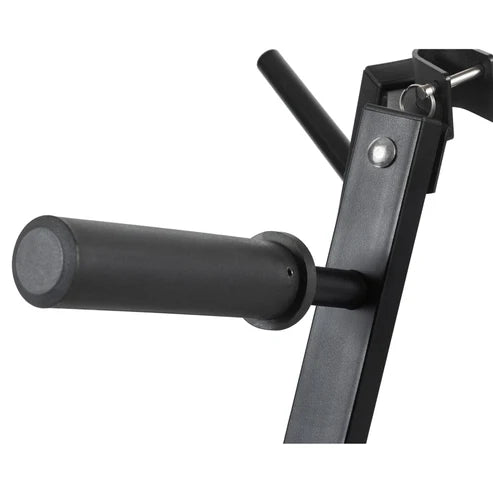 Close-up of a black metal pull-up bar on a white background