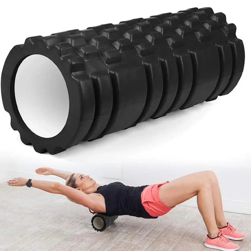 Foam roller with a woman using it for self-massage on a white background