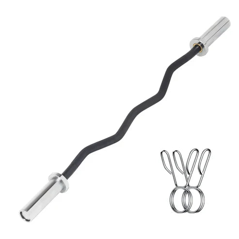 Curved barbell with chrome ends and attachments on a white background