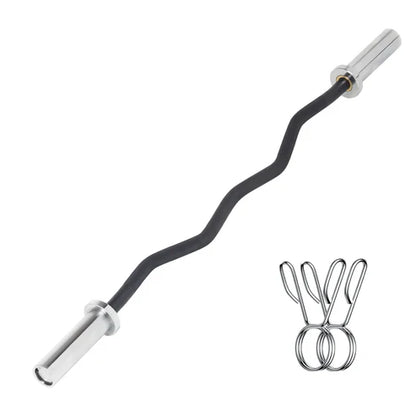 Curved barbell with chrome ends and attachments on a white background