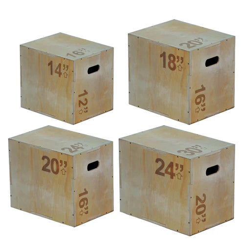 Set of wooden boxes with varying sizes and measurements on a white background