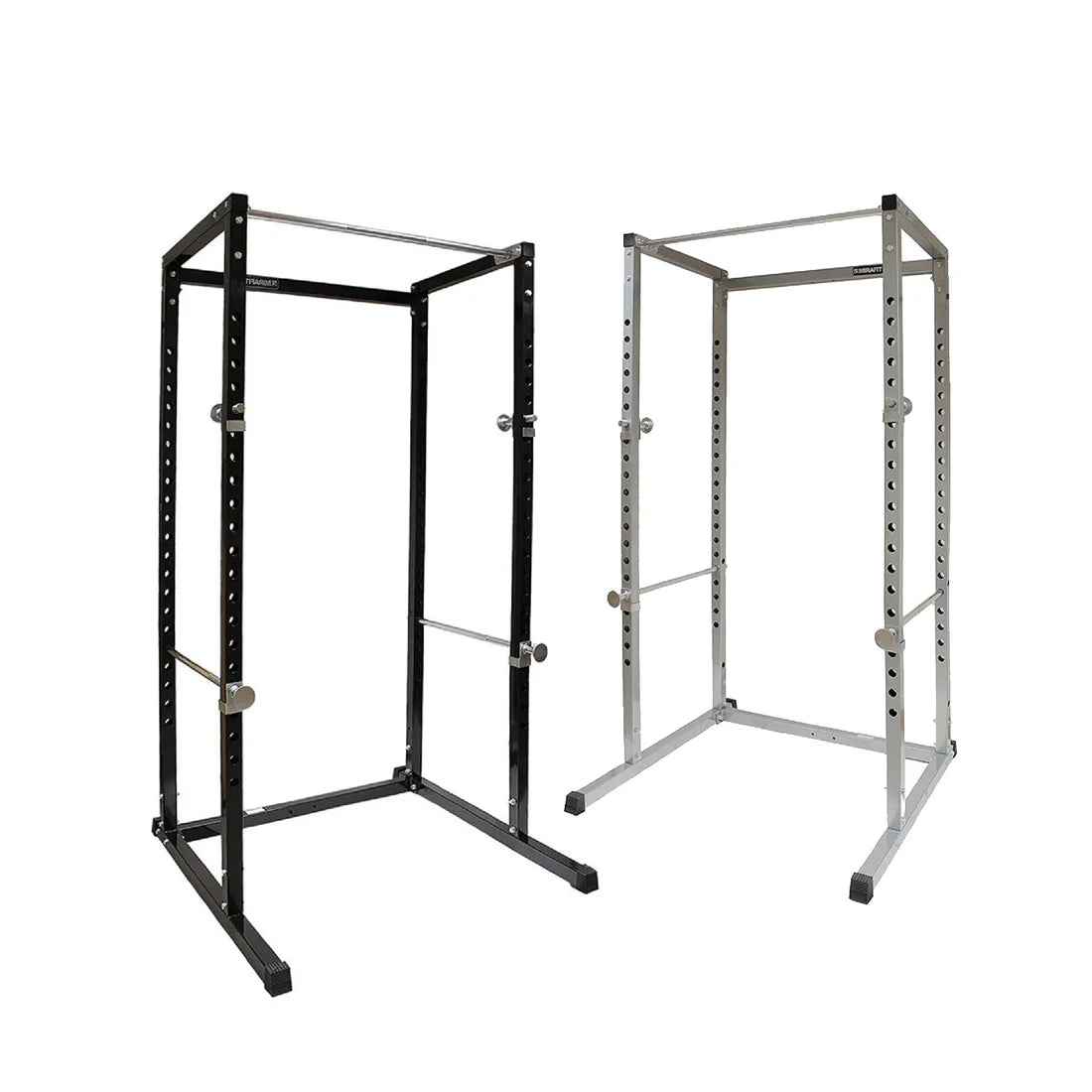 Black and silver power rack on a white background