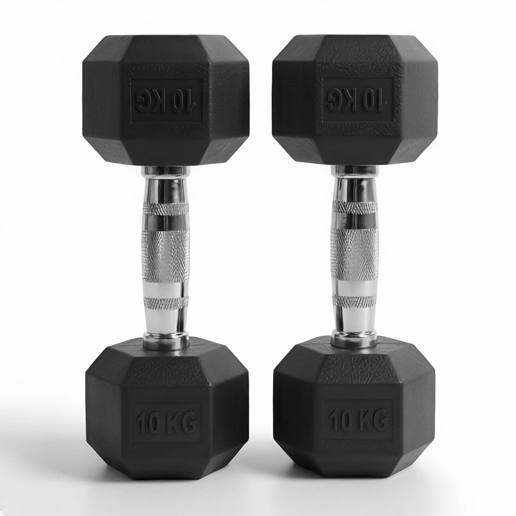 Pair of black hexagonal dumbbells with '10 KG' marking on a white background