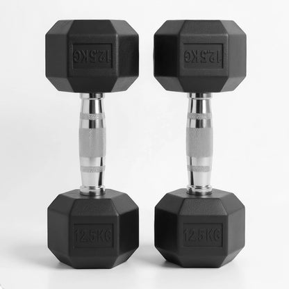 Pair of black hexagonal dumbbells with 12.5 kg markings on a white background