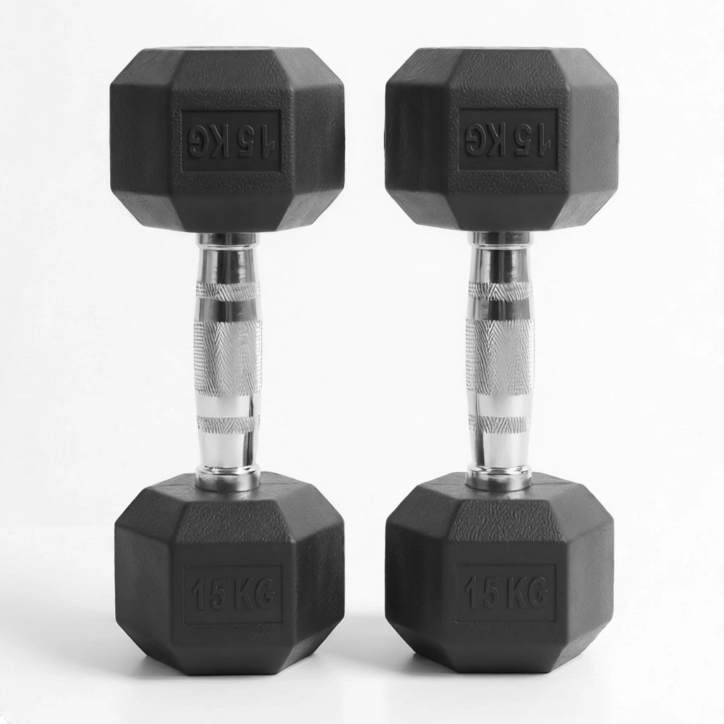 Pair of black hexagonal dumbbells with 15 kg markings on a white background
