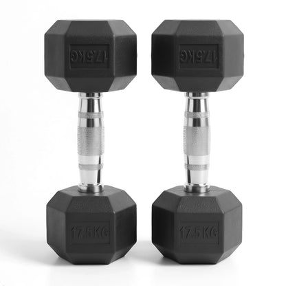 Pair of black hexagonal dumbbells with 17.5 kg marking on a white background