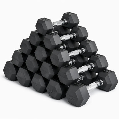 Stack of black hexagonal dumbbells on a white background
