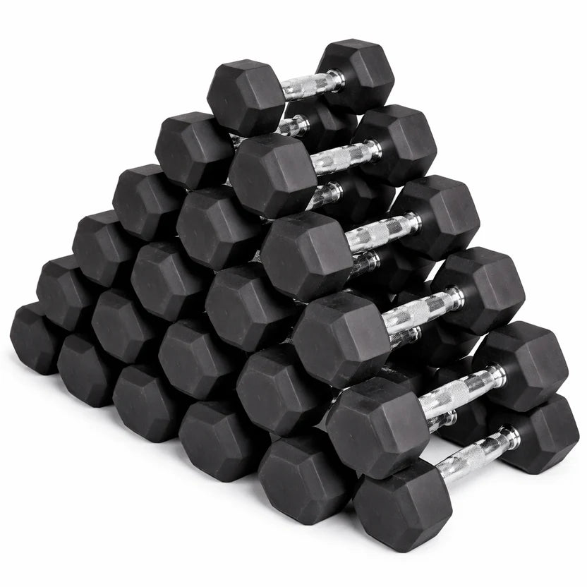 Stack of black hexagonal dumbbells on a white background