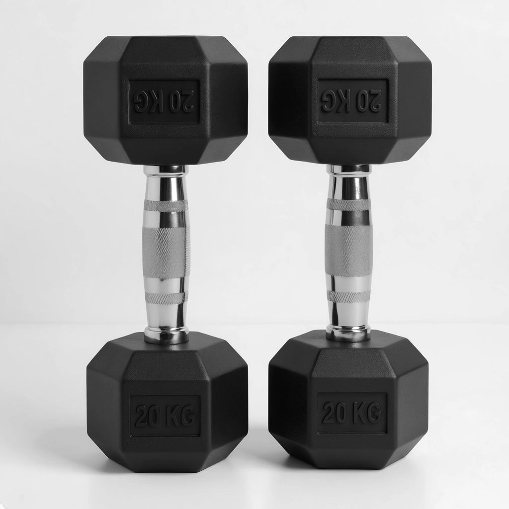 Pair of black hexagonal dumbbells with '20 KG' marking on a white background
