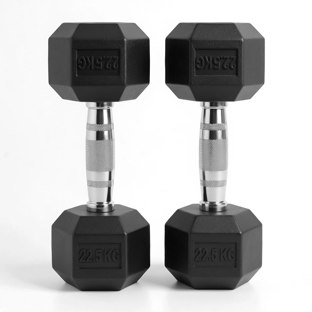 Pair of black hexagonal dumbbells with silver ends on a white background