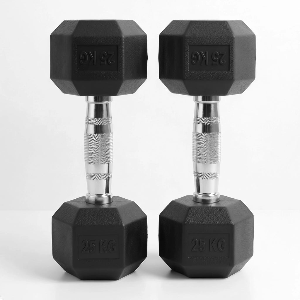Pair of black hexagonal dumbbells with '25 KG' marking on a white background