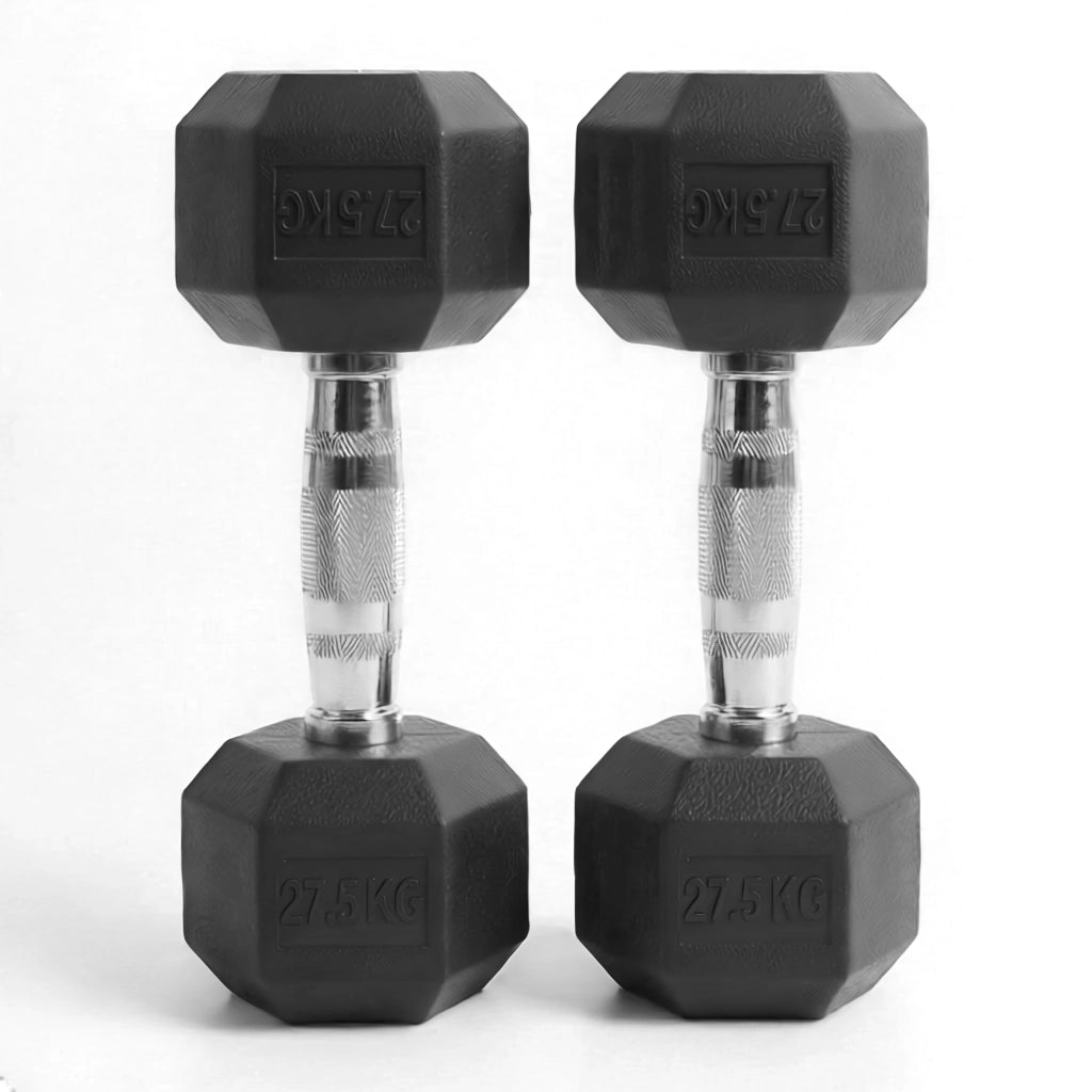 Pair of black hexagonal dumbbells with weight markings on a white background
