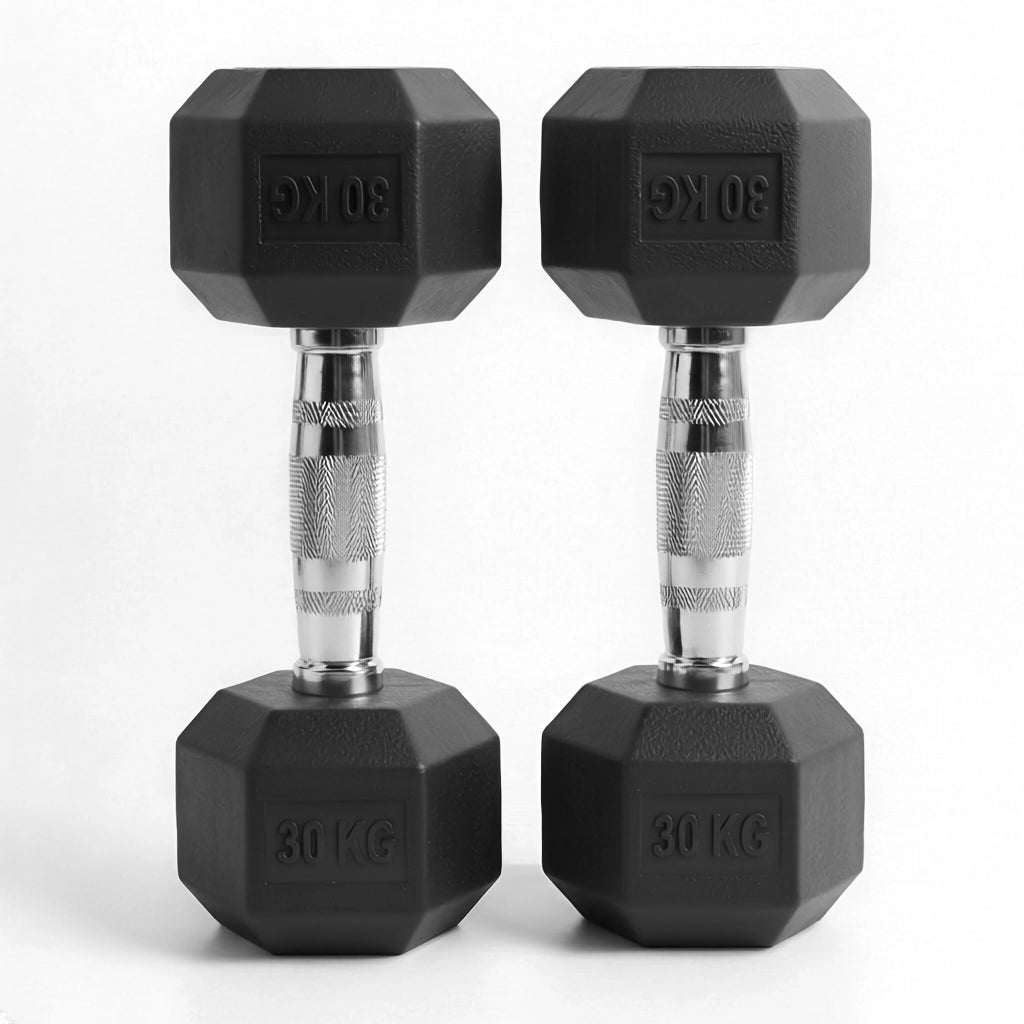 Pair of black hexagonal dumbbells with '30 KG' marking on a white background