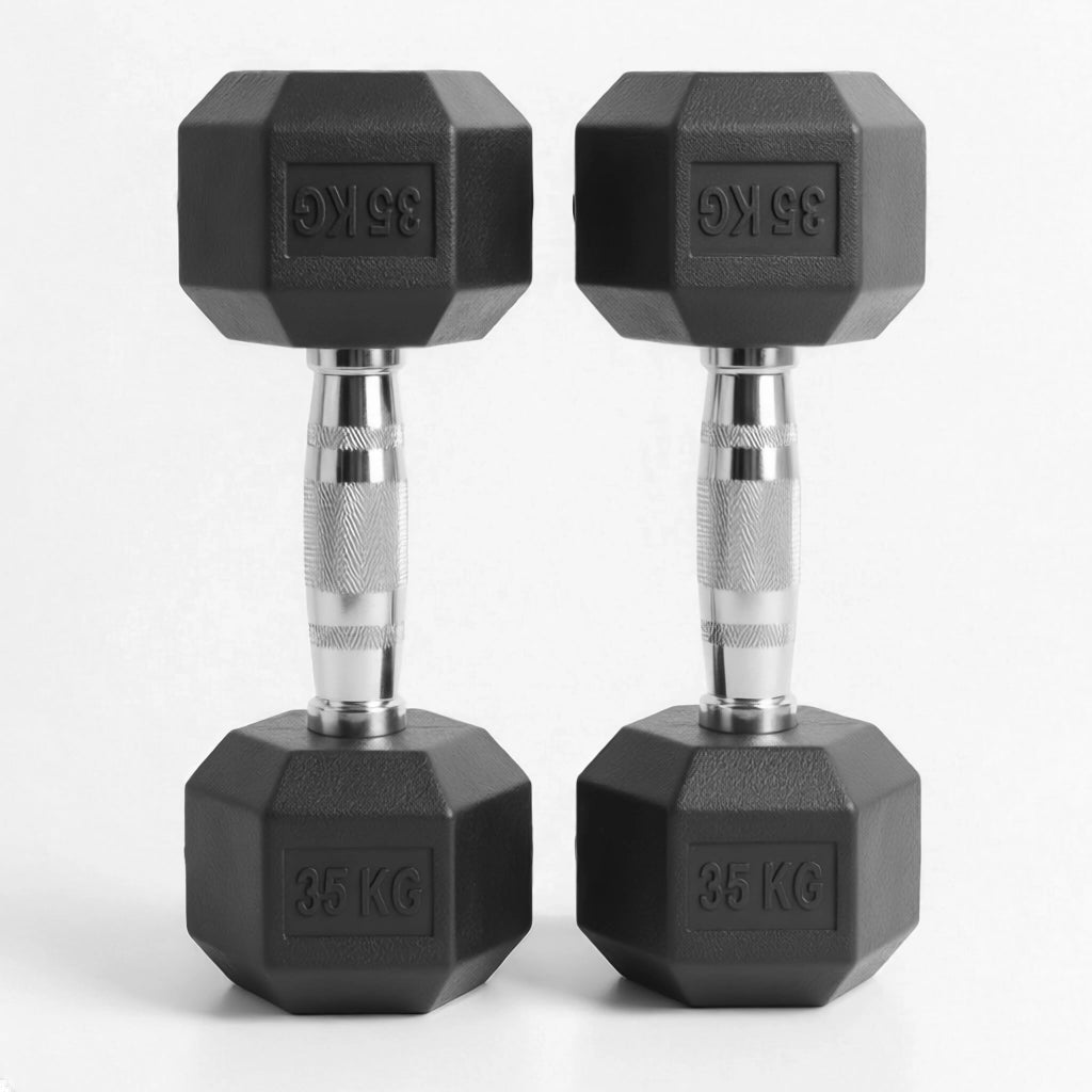Pair of black hexagonal dumbbells with 36 kg markings on a white background