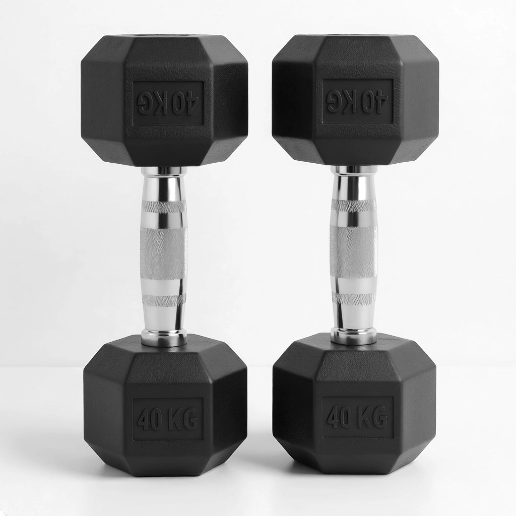 Pair of black hexagonal dumbbells with '40KG' marking on a white background