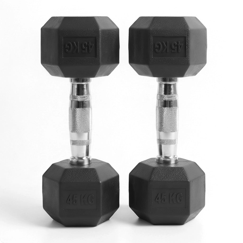 Pair of black hexagonal dumbbells with 45KG marking on a white background