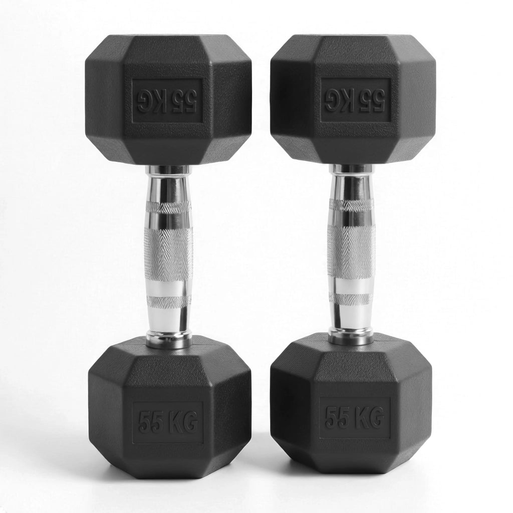 Pair of black hexagonal dumbbells with 55 kg marking on a white background