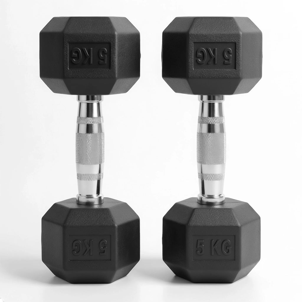 Pair of black hexagonal dumbbells with '5 KG' marking on a white background