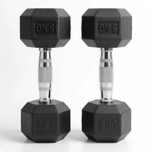Pair of black hexagonal dumbbells with '5 KG' marking on a white background