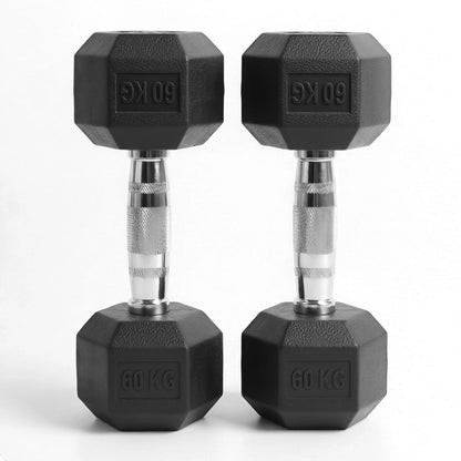 Pair of black hexagonal dumbbells with '60 KG' marking on a white background