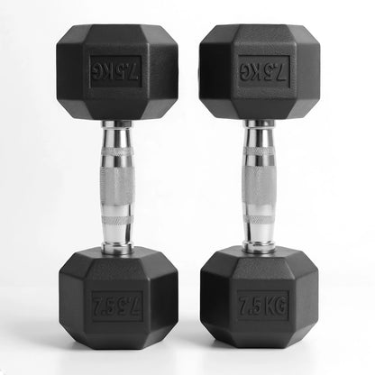 Pair of black hexagonal dumbbells with 7.5 kg marking on a white background