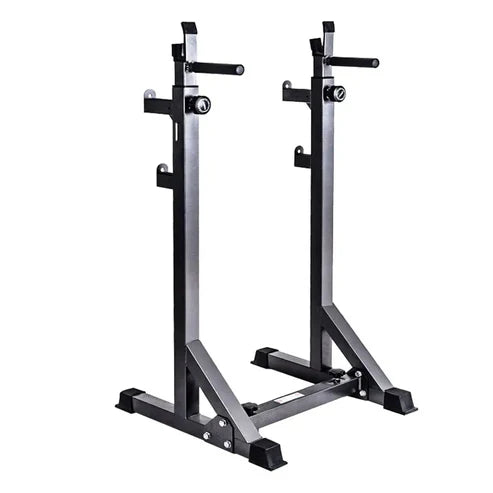 Pair of black and silver weight rack stands on a white background