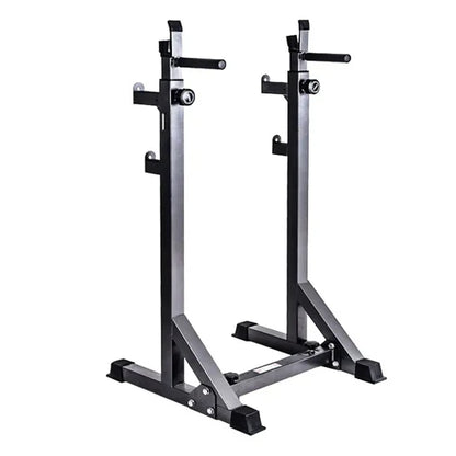 Pair of black and silver weight rack stands on a white background