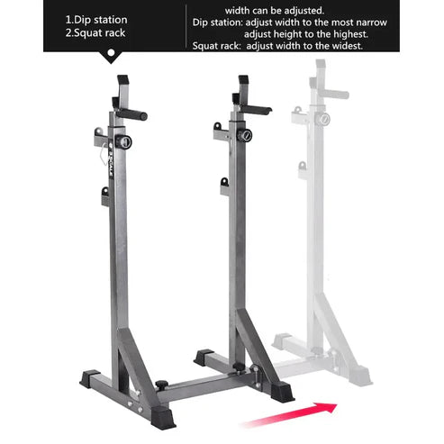 Gray squat rack with adjustable features on a white background