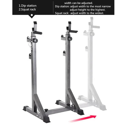Gray squat rack with adjustable features on a white background