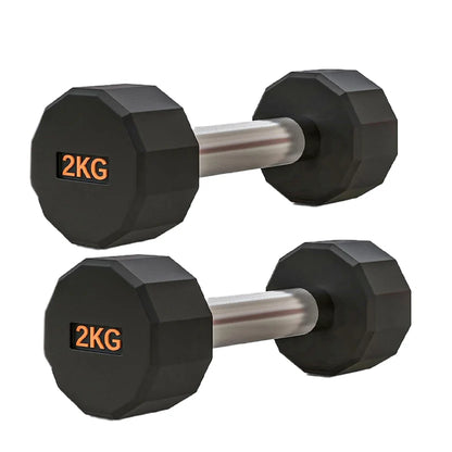 Pair of black hexagonal dumbbells with '2KG' marking on a white background