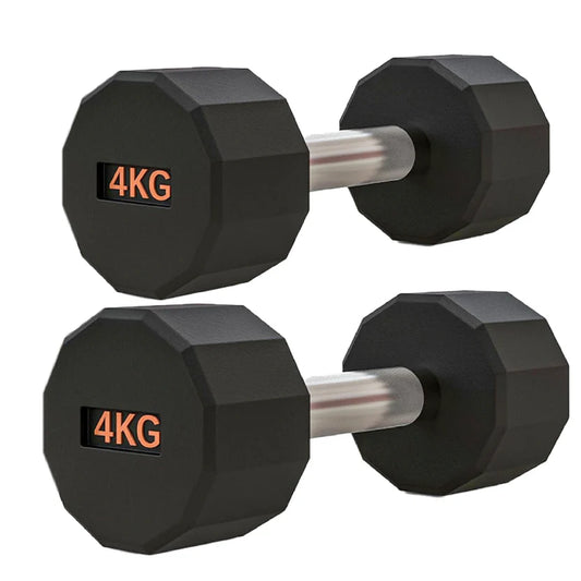 Pair of black hexagonal dumbbells with '4KG' marking on a white background