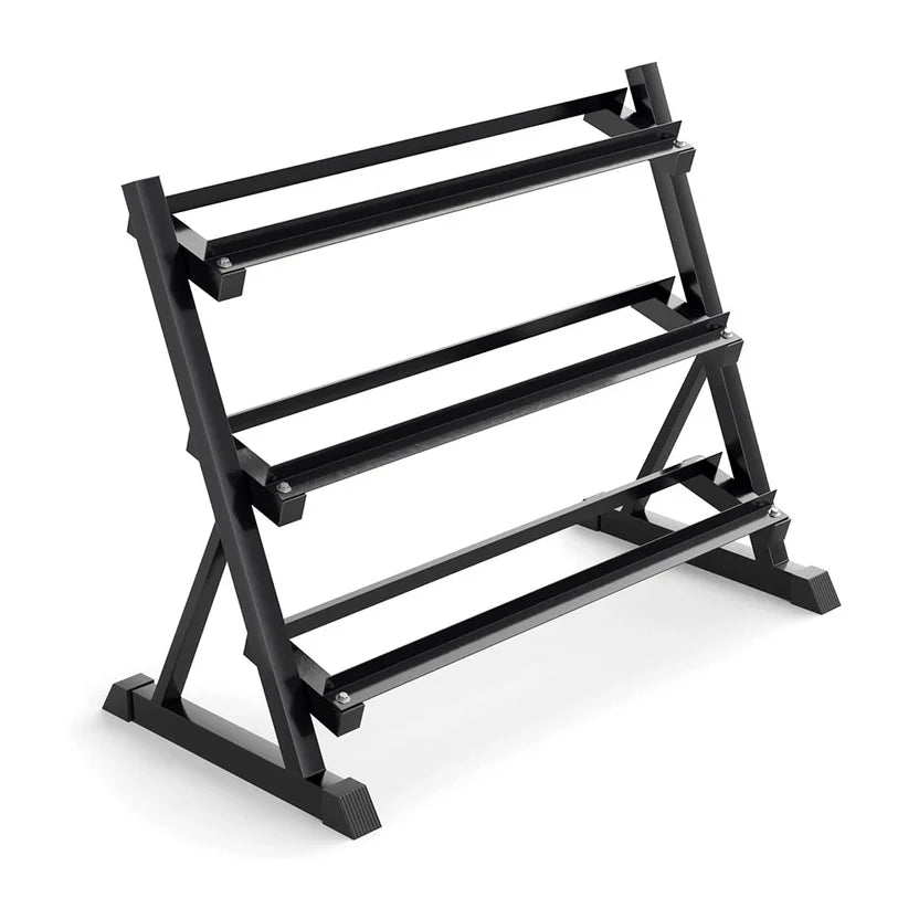 Black metal weight rack on a white background