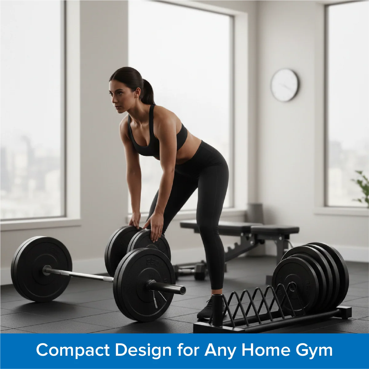 Woman exercising in a home gym with weight plates on the floor.