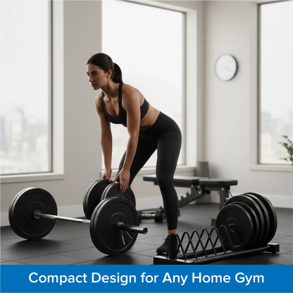 Woman exercising in a home gym with weight plates on the floor.