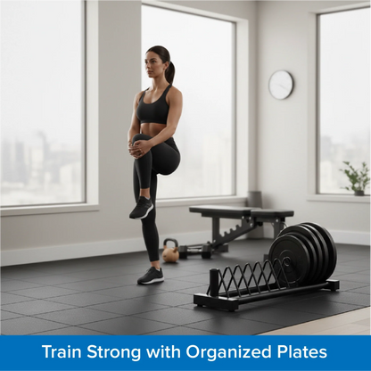 Woman exercising in a home gym with weight plates on the floor.