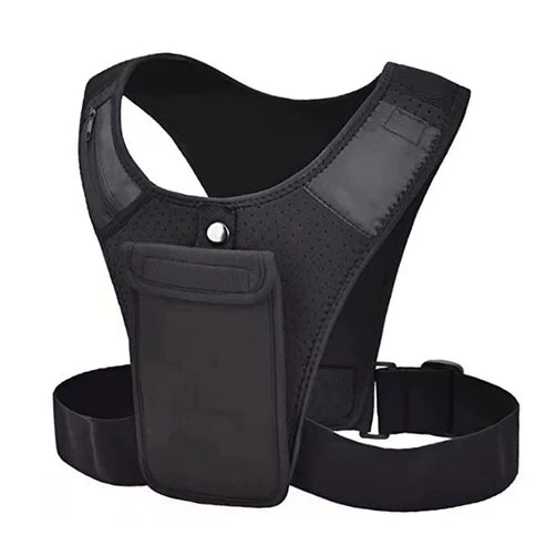 Black tactical vest with a phone pocket on a white background