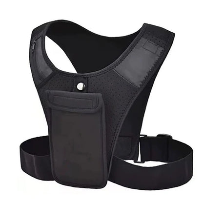 Black tactical vest with a phone pocket on a white background