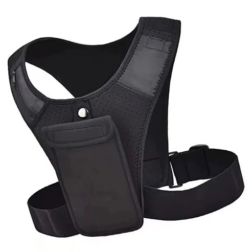 Black tactical vest with a pocket on a white background