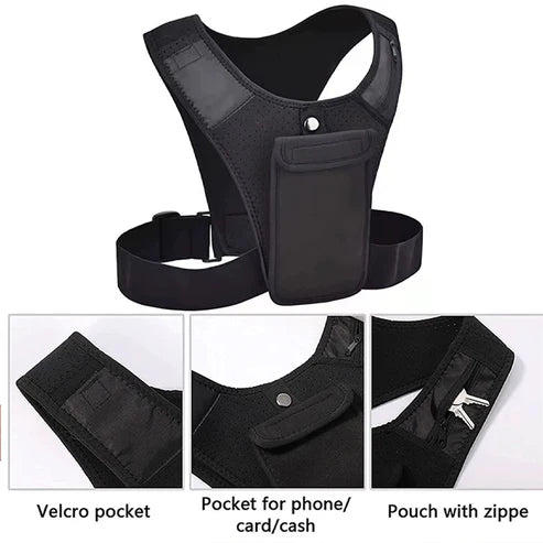 Black tactical vest with a phone pocket on a white background