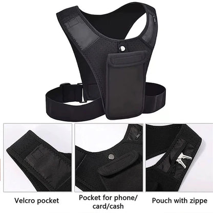 Black tactical vest with a phone pocket on a white background