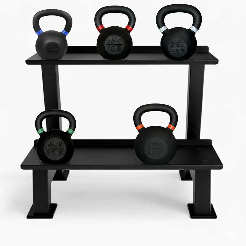 Black kettlebell with rack on a white background