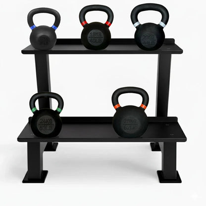 Black kettlebell with rack on a white background