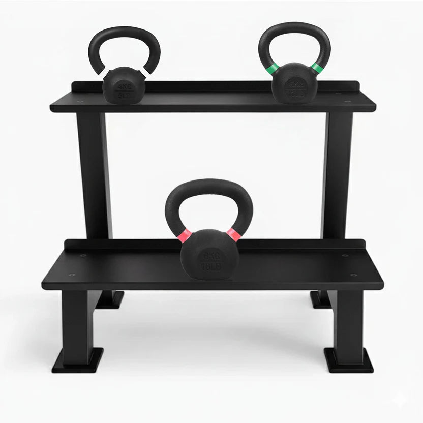 Black kettlebell with rack on a white background